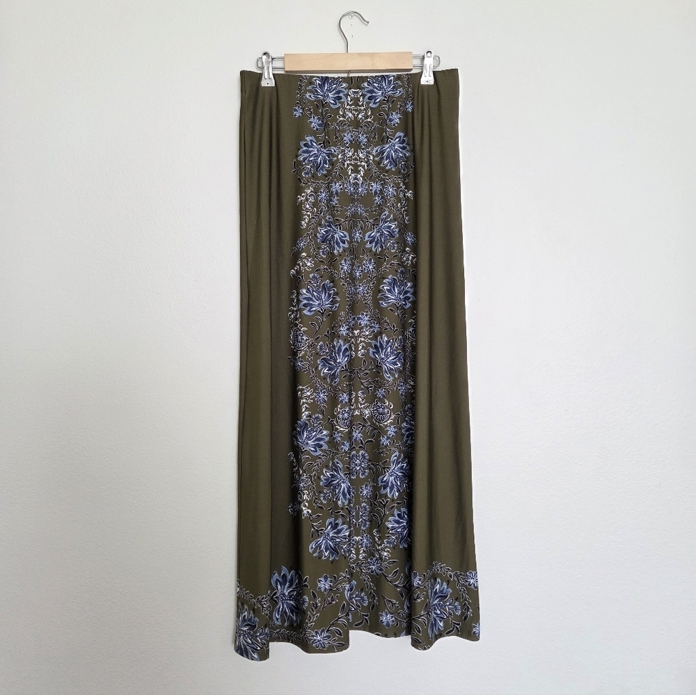 CeCe Elastic Waist Olive With Blue Floral Maxi Skirt Size Medium